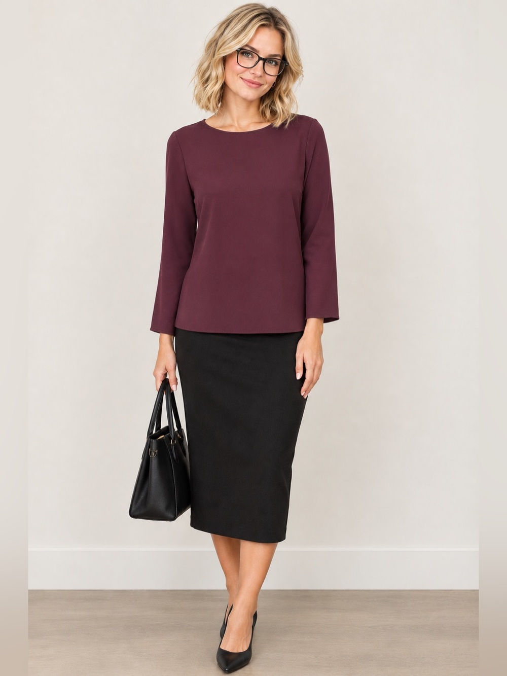 Babaton Plum Long-Sleeve Crewneck Blouse
